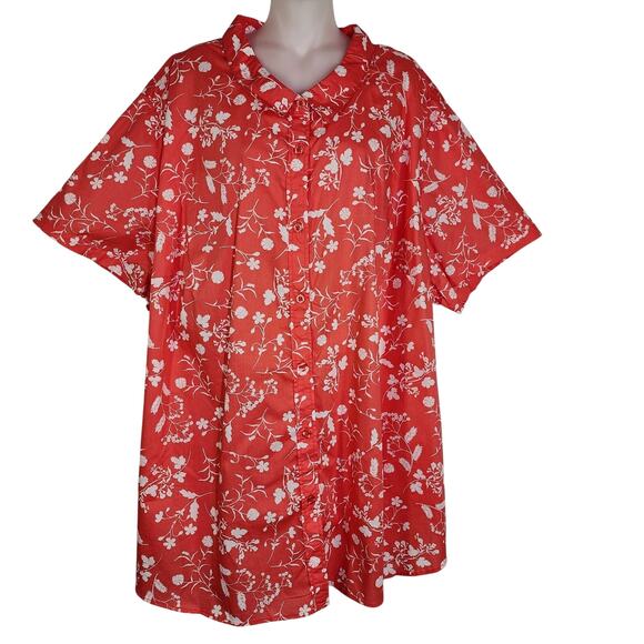 Woman Within Womens Shirt Size 4X 34/36 Red Floral Short Sleeve Button Up Cotton - Picture 1 of 11